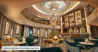 Elegant cruise-ship bar atrium with teal seating, gold decor, and a sculptural chandelier.