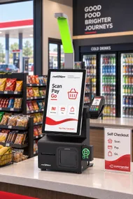 A self-checkout kiosk with a green scanner in a convenience store.